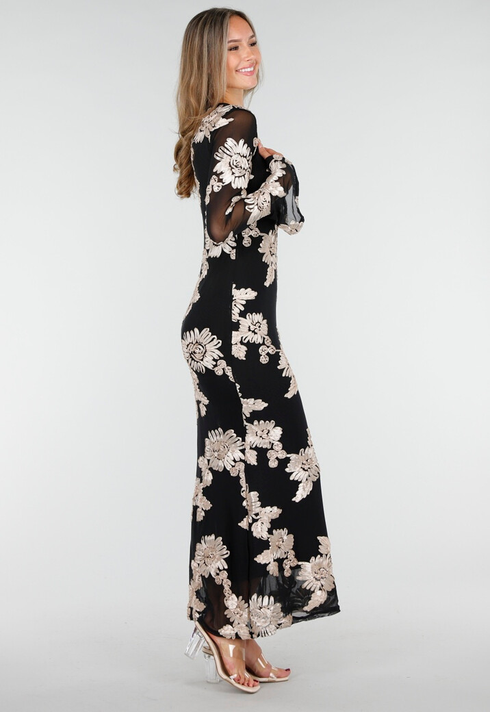Zwarte Lange Jurk met Stretch en Beige Bloemenprint