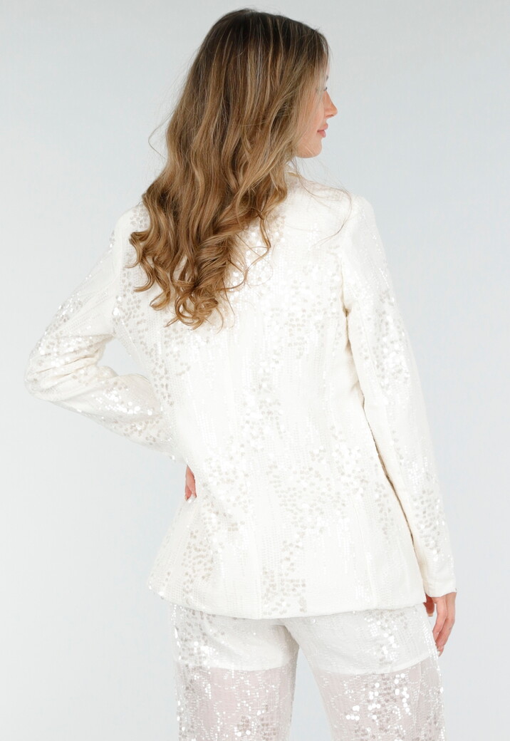 Witte Pailletten Set met Blazer en Rechte Broek