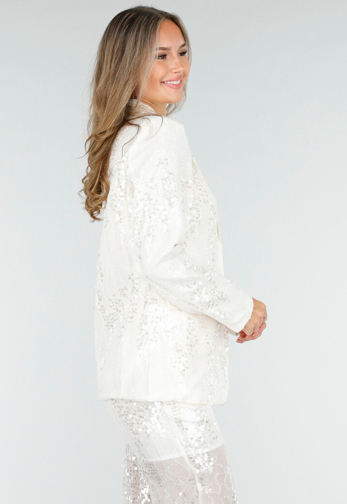 Witte Pailletten Set met Blazer en Rechte Broek