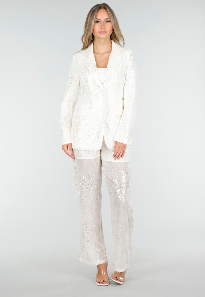 Witte Pailletten Set met Blazer en Rechte Broek