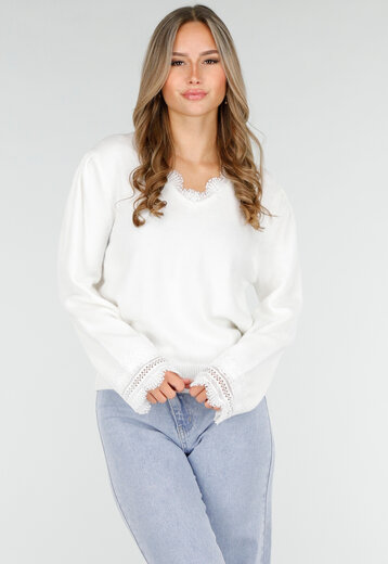 Witte Stretch Trui met Kant