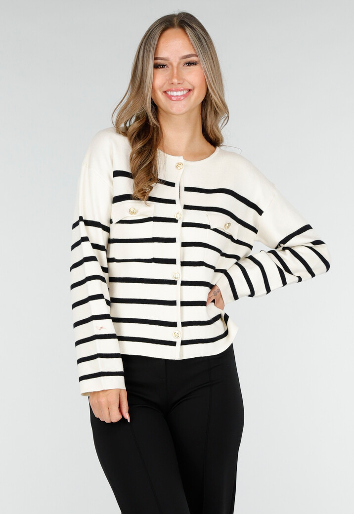 Wit Zwart Gestreept Vest met Gouden Knopen en Pockets