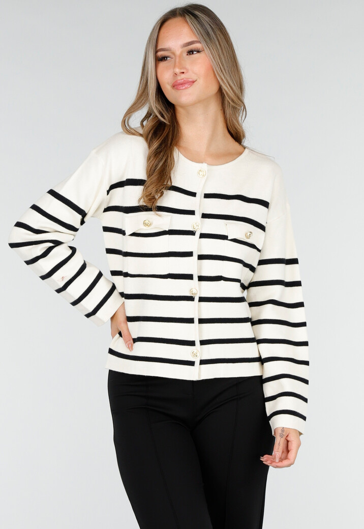 Wit Zwart Gestreept Vest met Gouden Knopen en Pockets