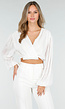 Witte Crop Blouse met V-Hals en Luchtige Mouwen