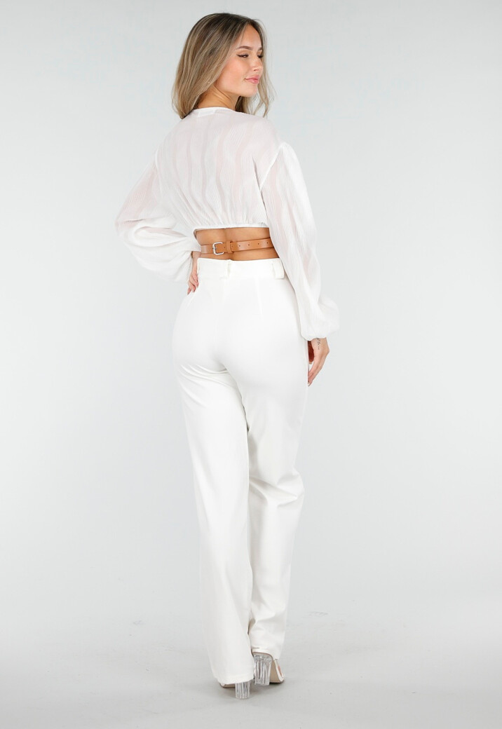 Witte Crop Blouse met V-Hals en Luchtige Mouwen
