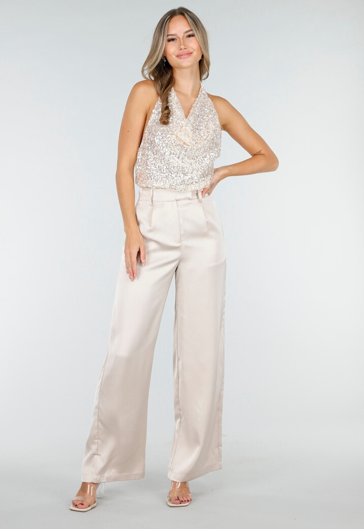 Champagne Pailletten Haltertop Met Watervalhals