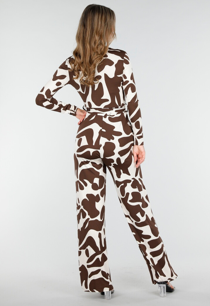 Bruin-Witte Stretch Jumpsuit met Overslag en Ceintuur