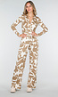 Beige-Witte Stretch Jumpsuit met Abstracte Print