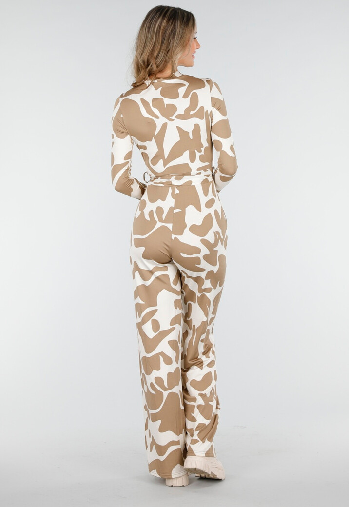 Beige-Witte Stretch Jumpsuit met Abstracte Print