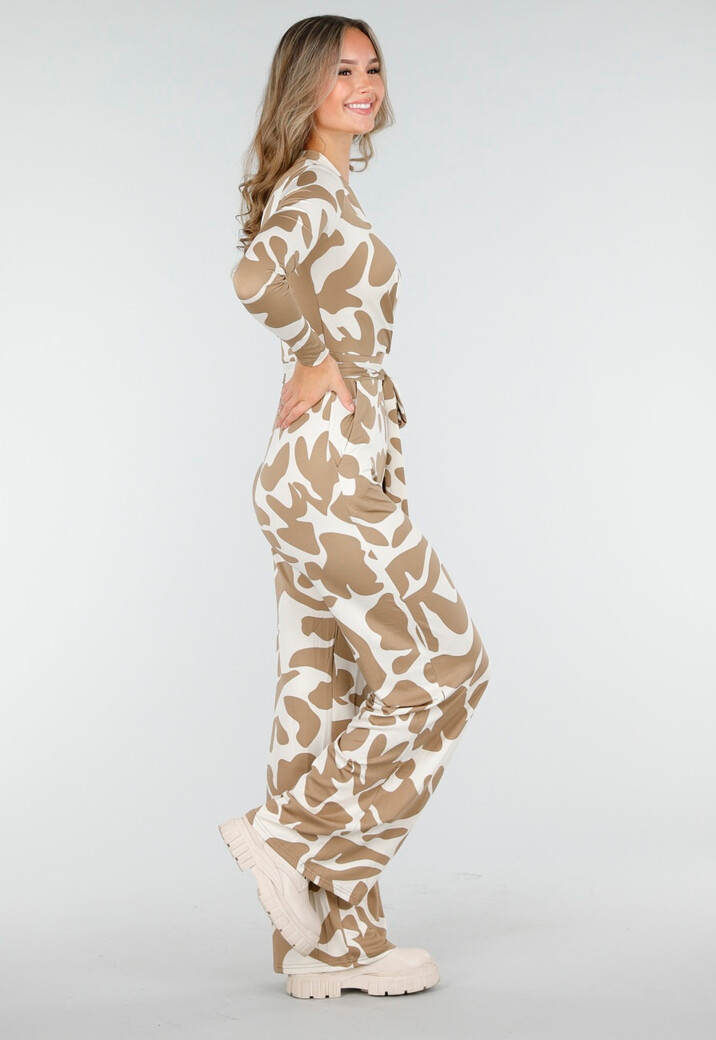 Beige-Witte Stretch Jumpsuit met Abstracte Print