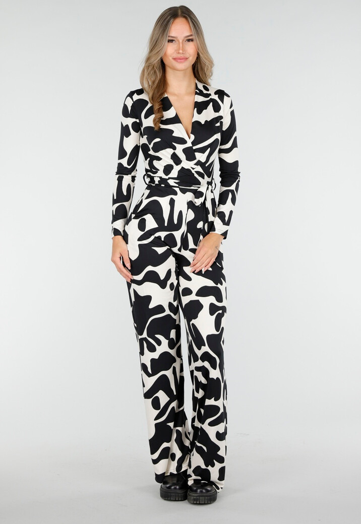 Zwart-Witte Stretch Jumpsuit met Print en Overslagtop