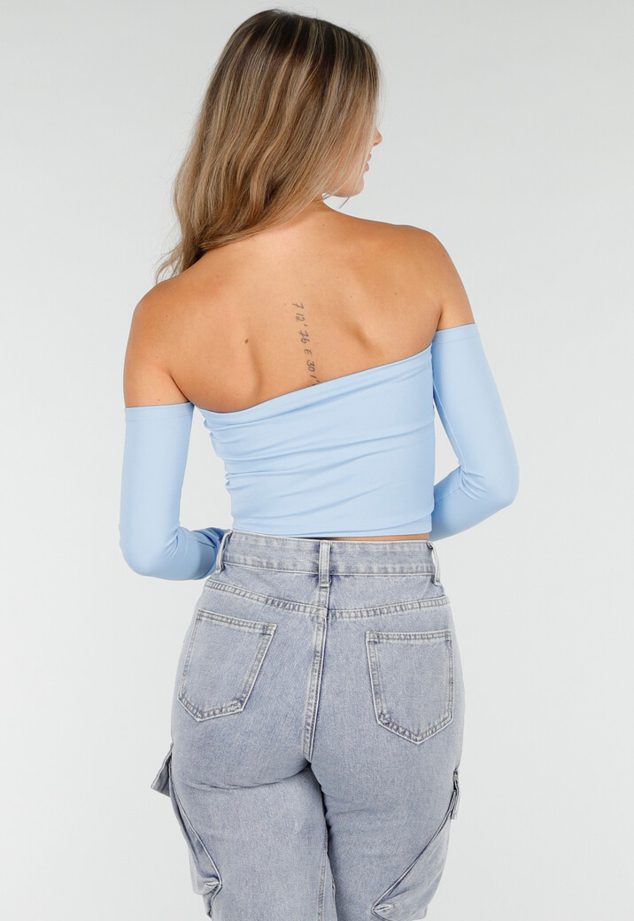 Blauwe Off Shoulder Top met Lange Mouwen en Stretchstof