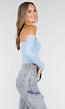 Blauwe Off Shoulder Top met Lange Mouwen en Stretchstof