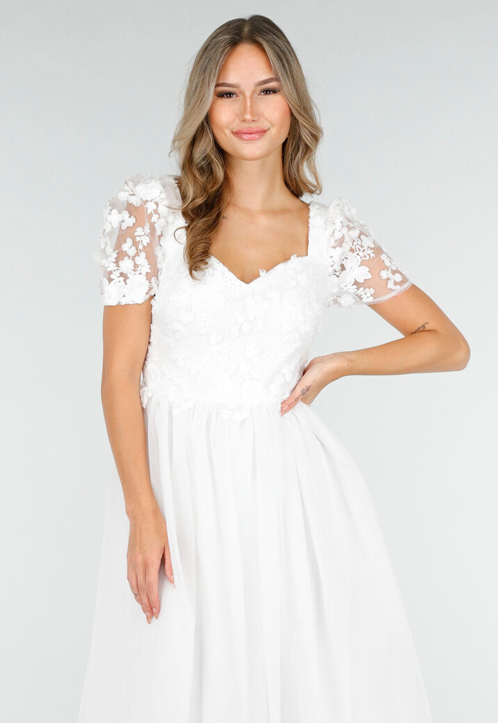 Witte Trouwjurk met Kanten Bloemen en Tule Rok