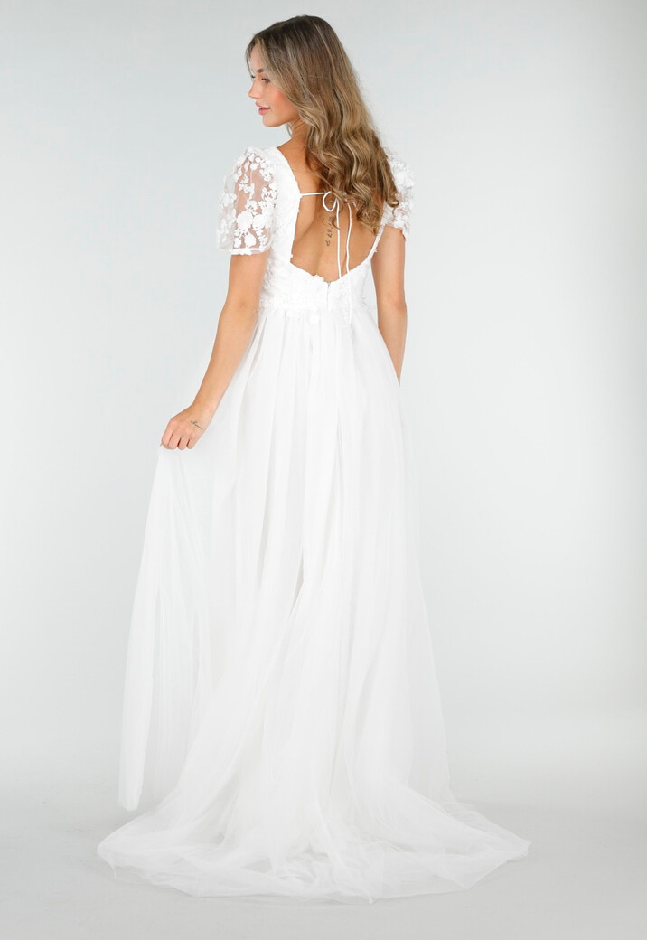 Witte Trouwjurk met Kanten Bloemen en Tule Rok