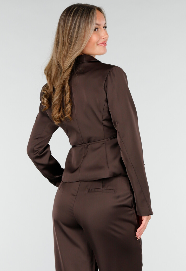 Donkerbruine Satijnlook Wrap Blazer met Striksluiting