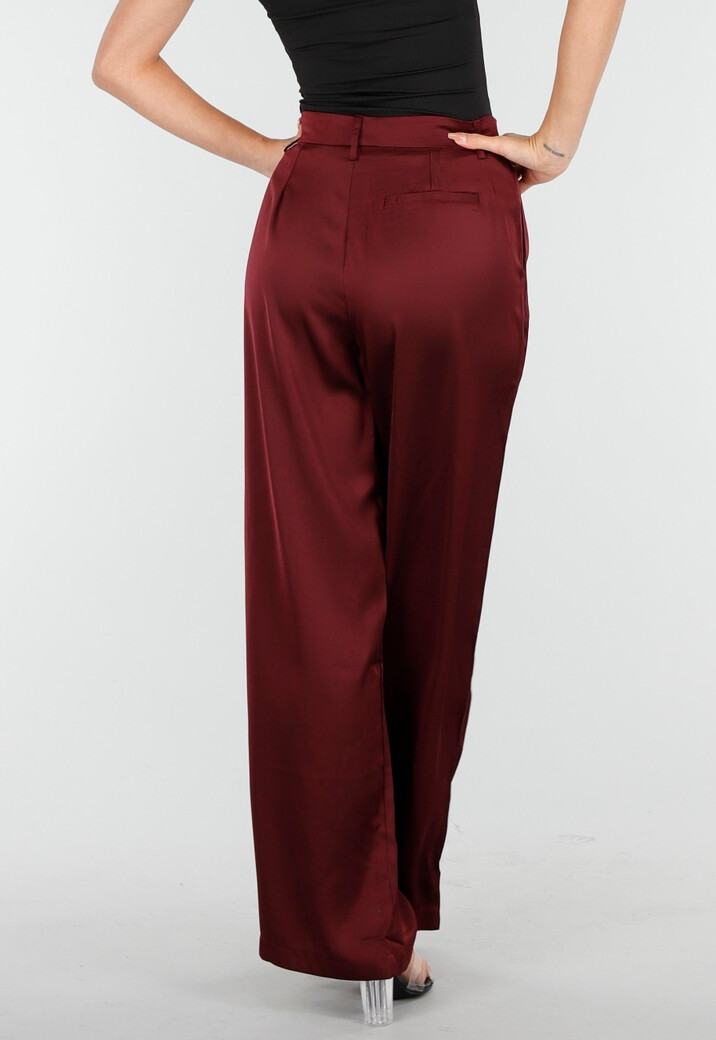 Bordeauxrode Satijnlook Wide Leg Broek met Hoge Taille