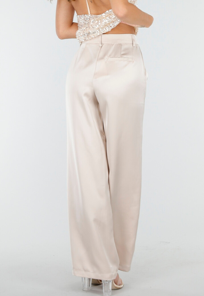 Champagnekleurige Satijnen Pantalon met Hoge Taille en Losse Pijpen
