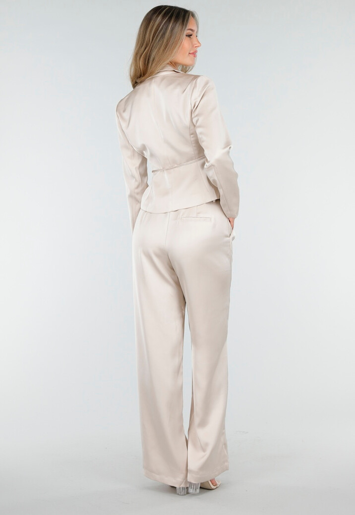 Champagnekleurige Satijnen Pantalon met Hoge Taille en Losse Pijpen