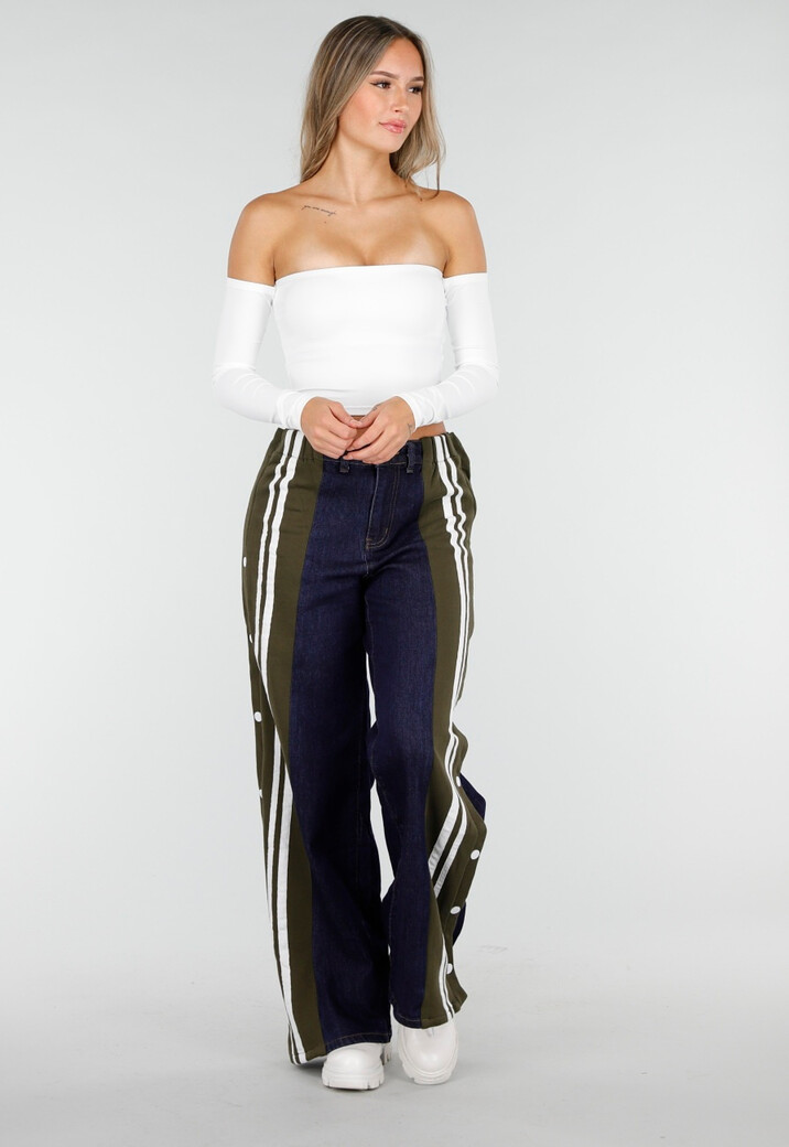 Denim Wide Leg Broek met Groene Zijkanten en Strepen