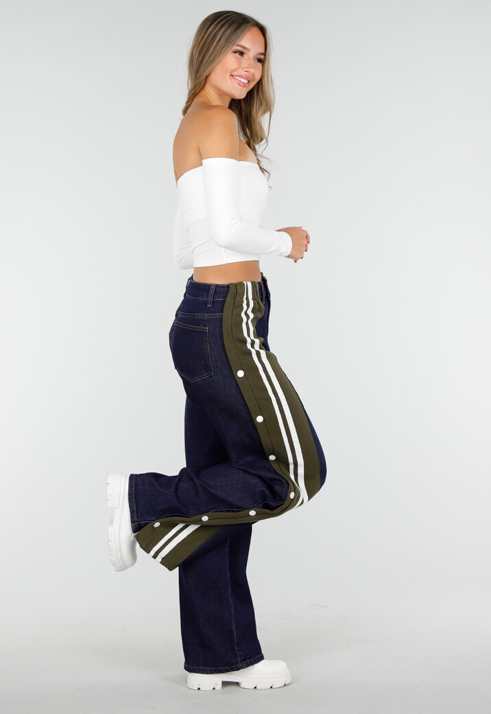 Denim Wide Leg Broek met Groene Zijkanten en Strepen