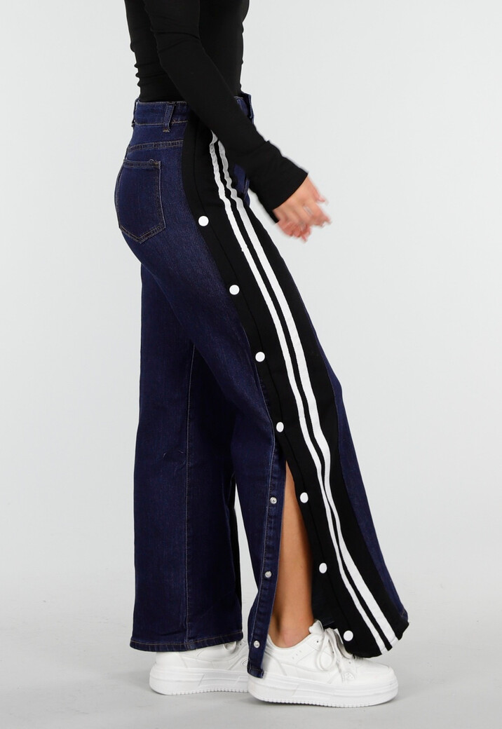Denim Wide Leg Broek met Zwarte Zijkanten en Strepen