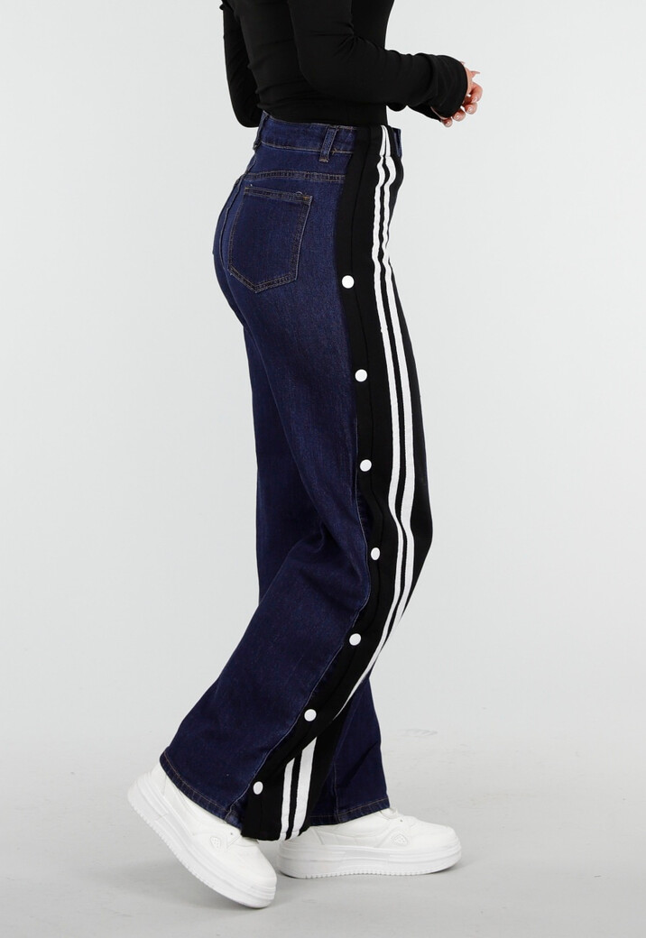 Denim Wide Leg Broek met Zwarte Zijkanten en Strepen