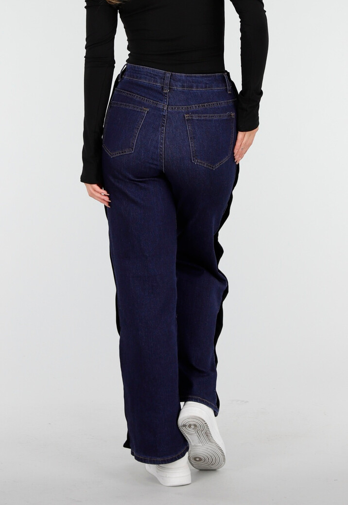 Denim Wide Leg Broek met Zwarte Zijkanten en Strepen