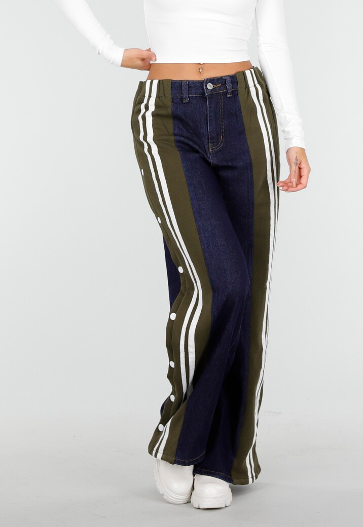 Denim Wide Leg Broek met Groene Zijkanten en Strepen