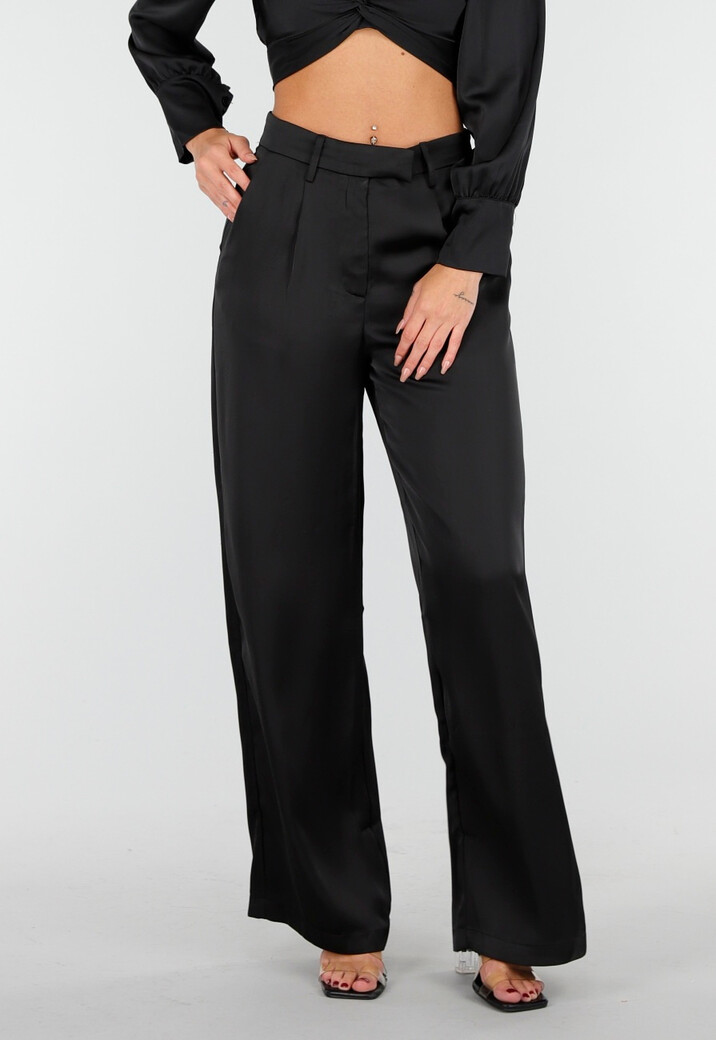 Zwarte Satijnlook Wide Leg Broek met Hoge Taille