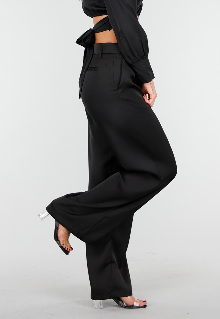 Zwarte Satijnlook Wide Leg Broek met Hoge Taille