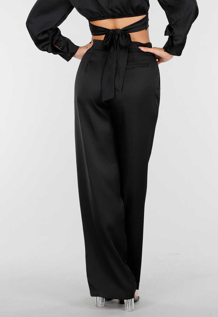 Zwarte Satijnlook Wide Leg Broek met Hoge Taille