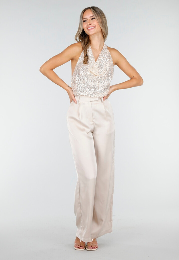 Champagnekleurige Satijnen Pantalon met Hoge Taille en Losse Pijpen