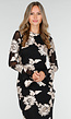 Zwarte Lange Jurk met Stretch en Beige Bloemenprint