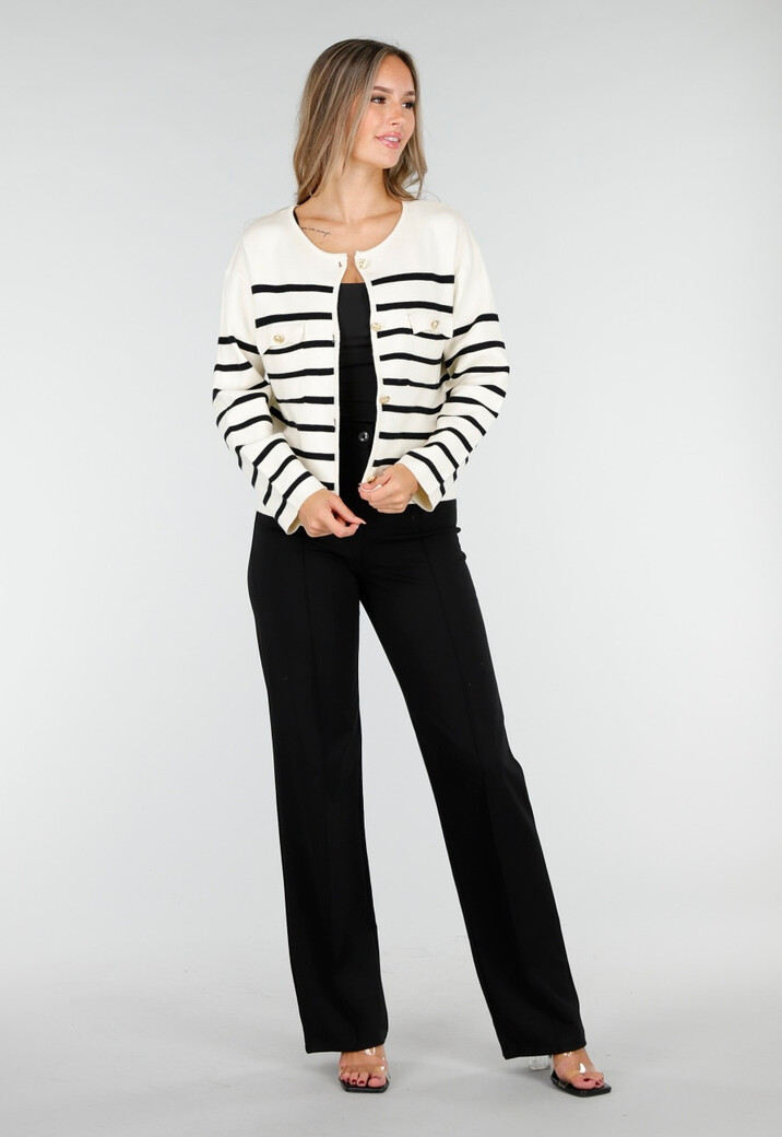 Wit Zwart Gestreept Vest met Gouden Knopen en Pockets