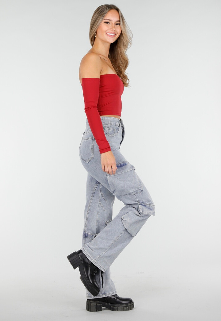 Lichtblauwe Cargo Jeans met Zakken, Lussen en Washed Look