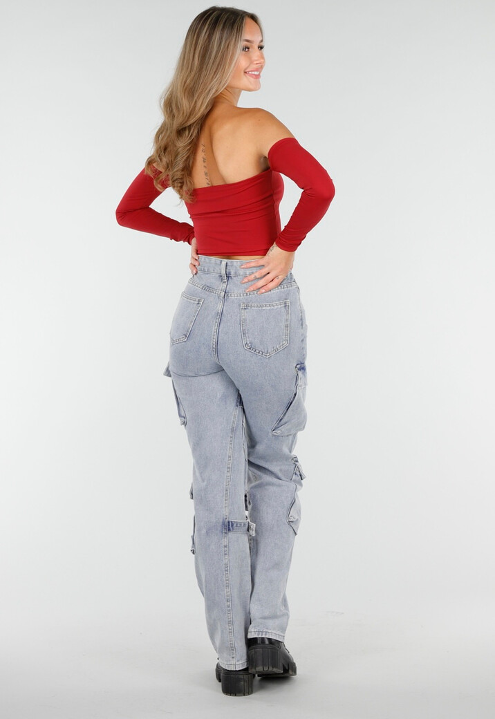 Lichtblauwe Cargo Jeans met Zakken, Lussen en Washed Look