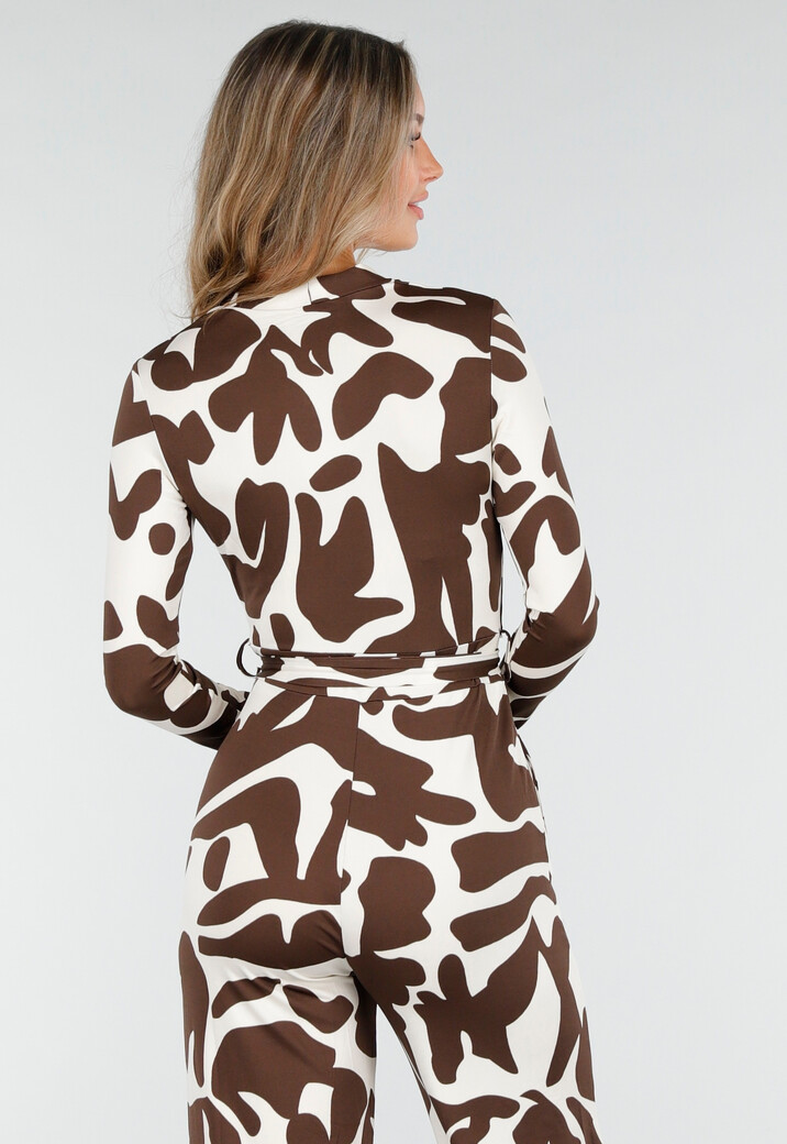 Bruin-Witte Stretch Jumpsuit met Overslag en Ceintuur