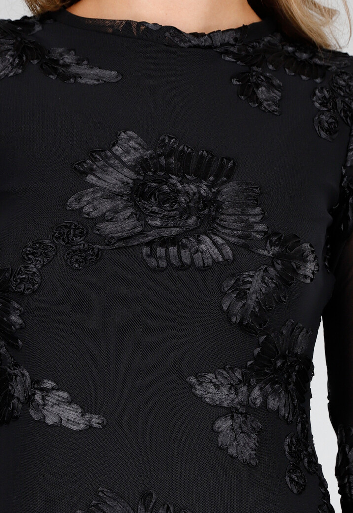 Zwarte Lange Jurk met Stretch en Bloemenstructuur