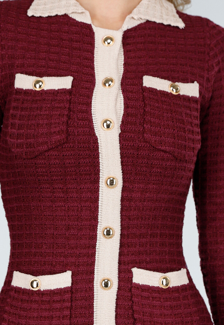 Bordeaux Jurk met Lange Mouwen en Beige Details