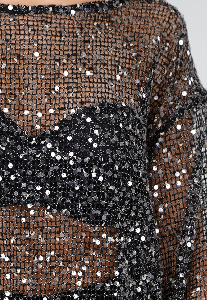 Zilveren Pailletten Top met Lange Mouwen en Losse Pasvorm