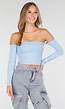 Blauwe Off Shoulder Top met Lange Mouwen en Stretchstof