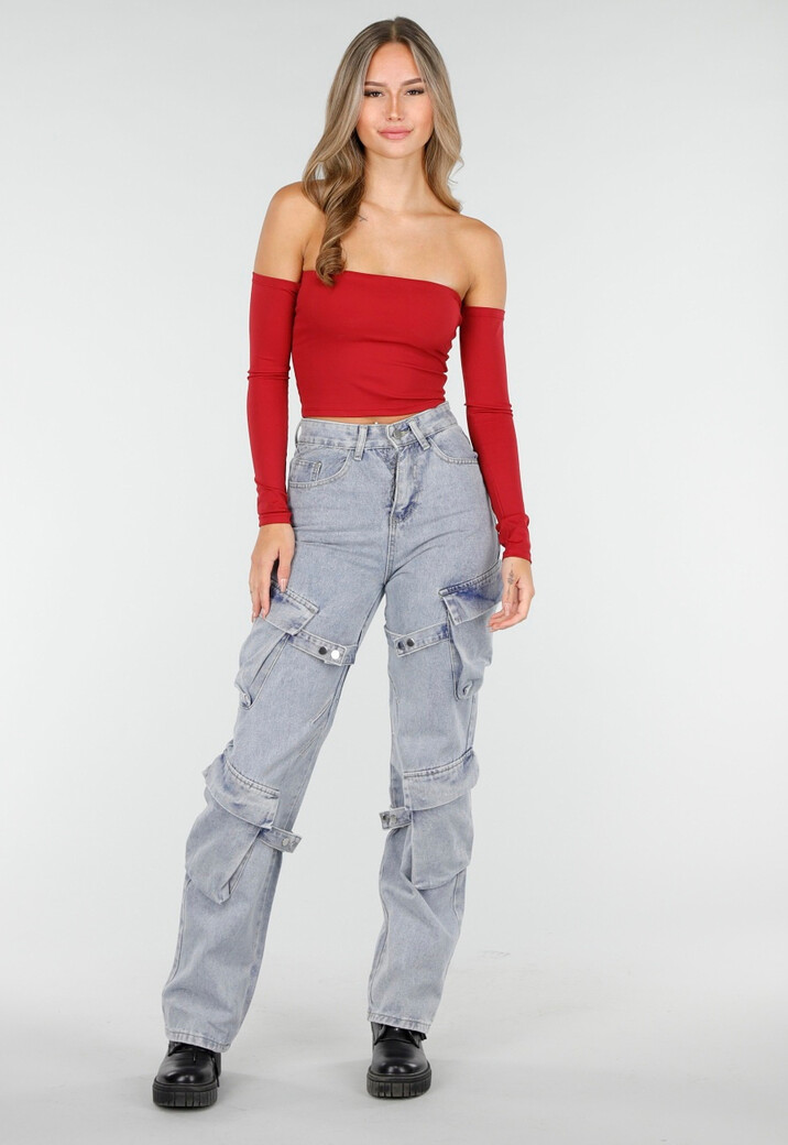 Off Shoulder Top met Lange Mouwen in Rood