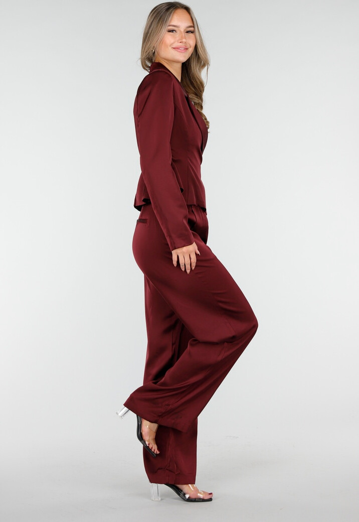 Bordeauxrode Satijnlook Wide Leg Broek met Hoge Taille