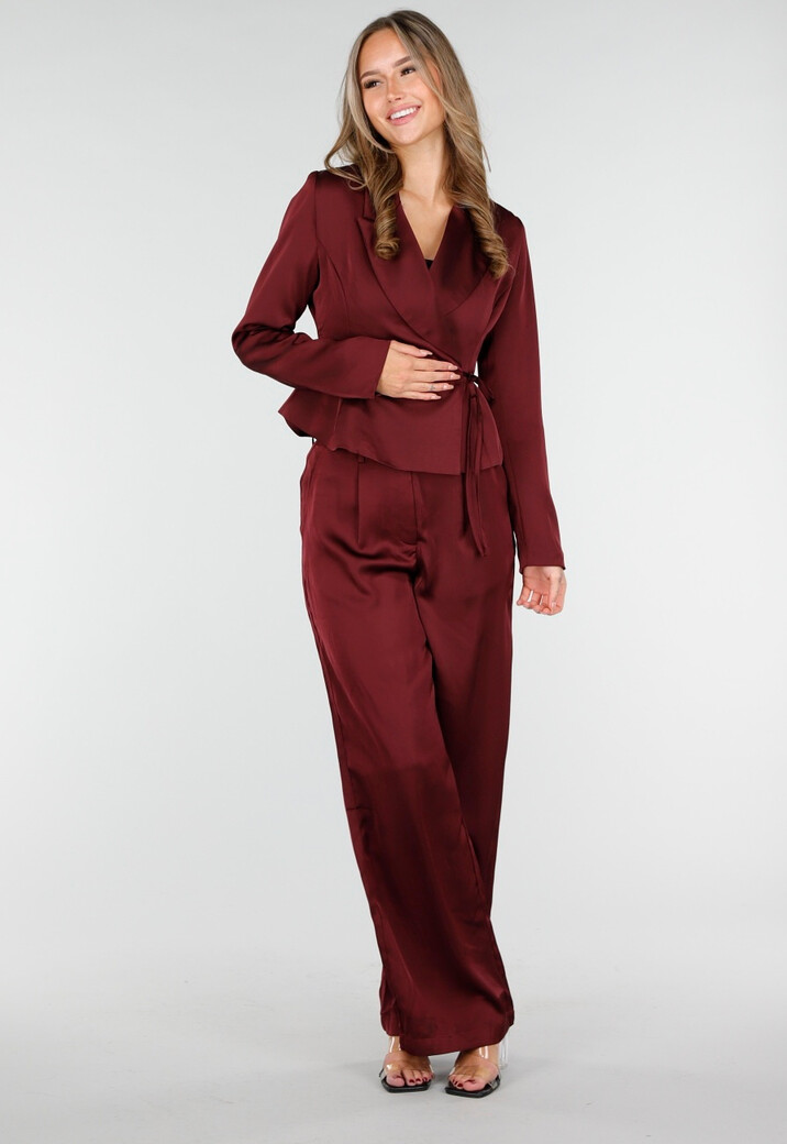 Bordeauxrode Satijnlook Wide Leg Broek met Hoge Taille