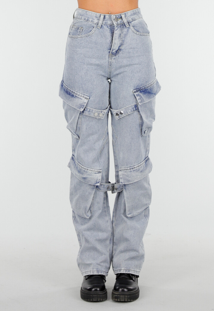 Lichtblauwe Cargo Jeans met Zakken, Lussen en Washed Look