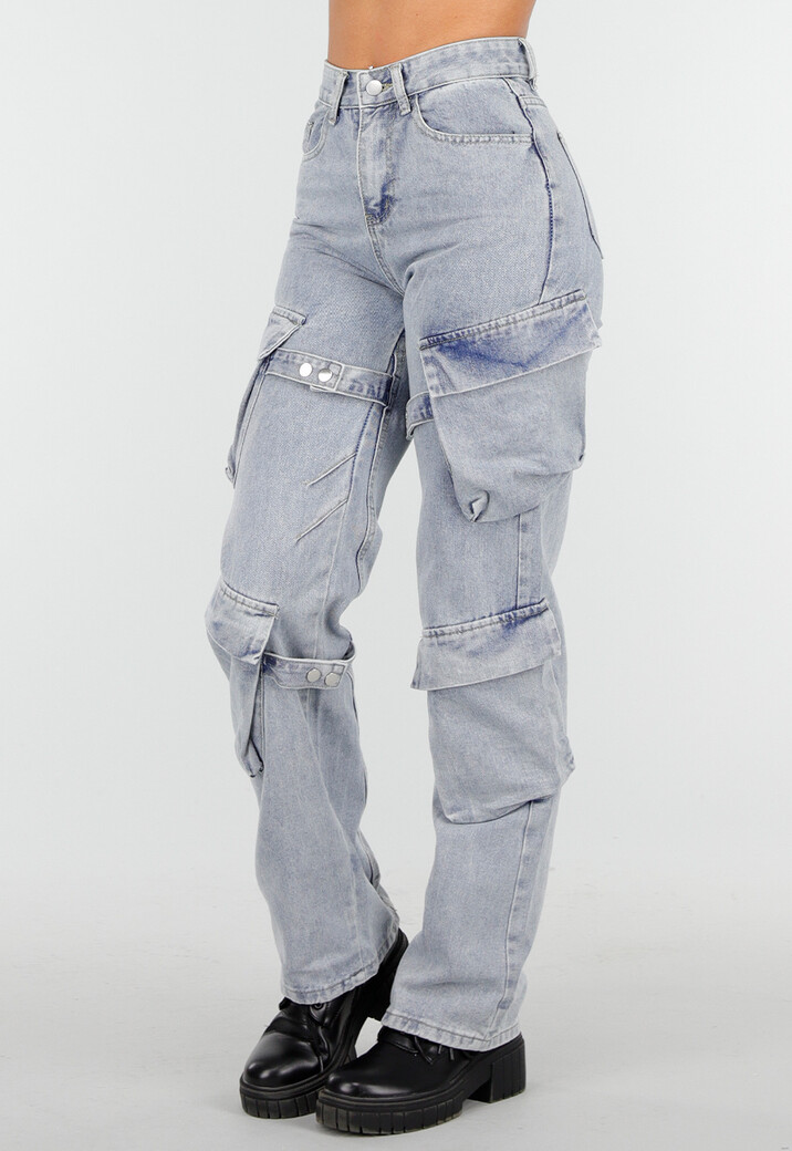 Lichtblauwe Cargo Jeans met Zakken, Lussen en Washed Look
