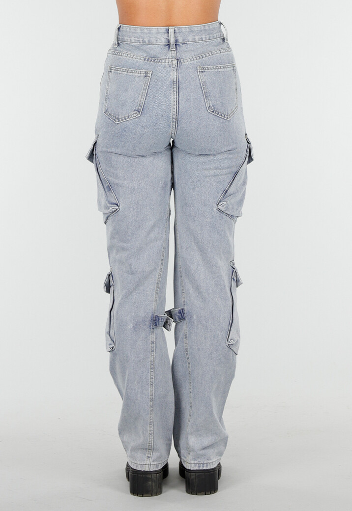 Lichtblauwe Cargo Jeans met Zakken, Lussen en Washed Look