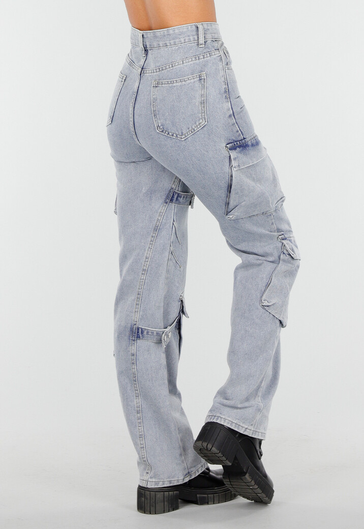 Lichtblauwe Cargo Jeans met Zakken, Lussen en Washed Look