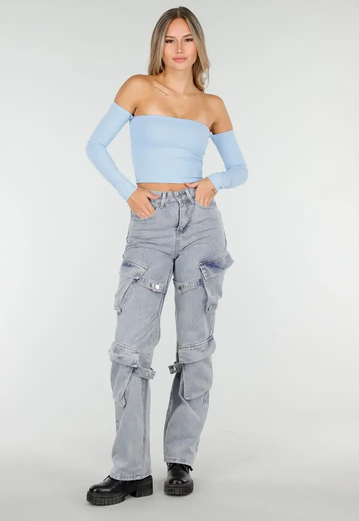 Lichtblauwe Cargo Jeans met Zakken, Lussen en Washed Look